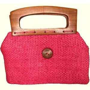 Vintage Hot Pink Woven Raffia Straw Clutch Bag Wood Handle Button Closure Summer